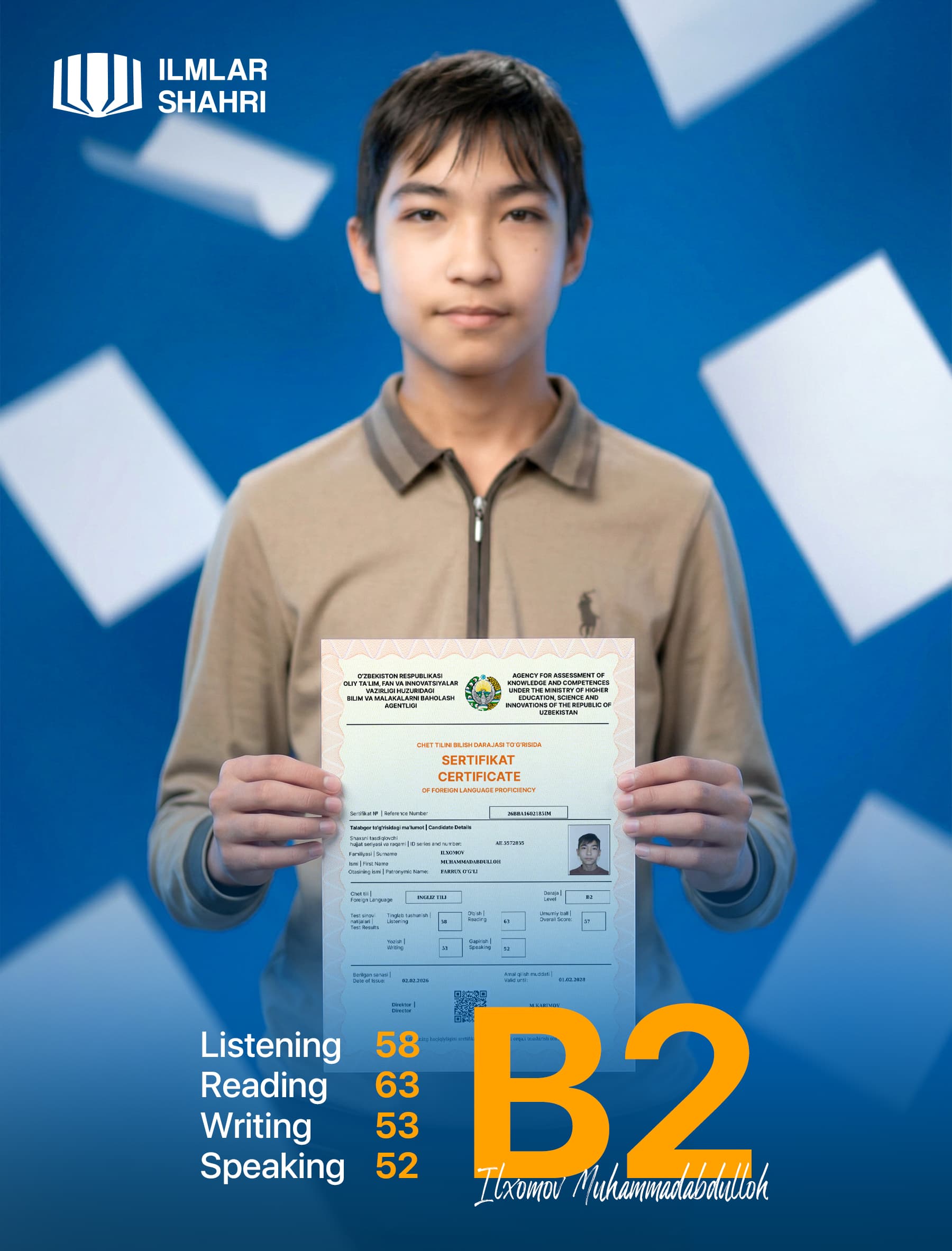 Ученик Ilmlar Shahri с сертификатом CEFR B2