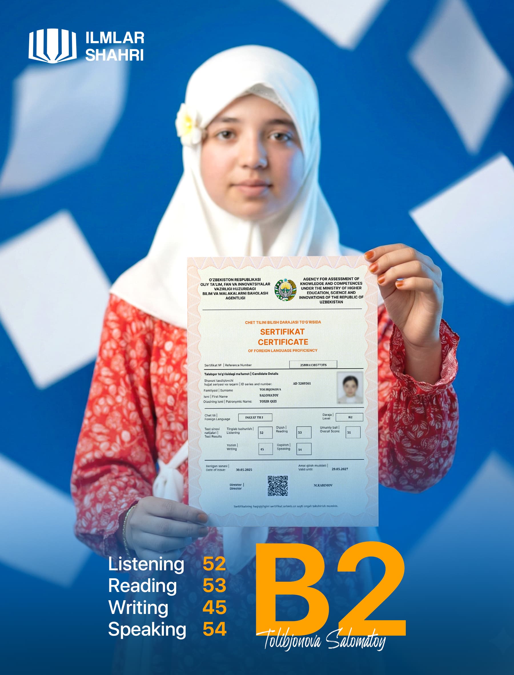 Ilmlar Shahri o‘quvchisi B2 sertifikati bilan
