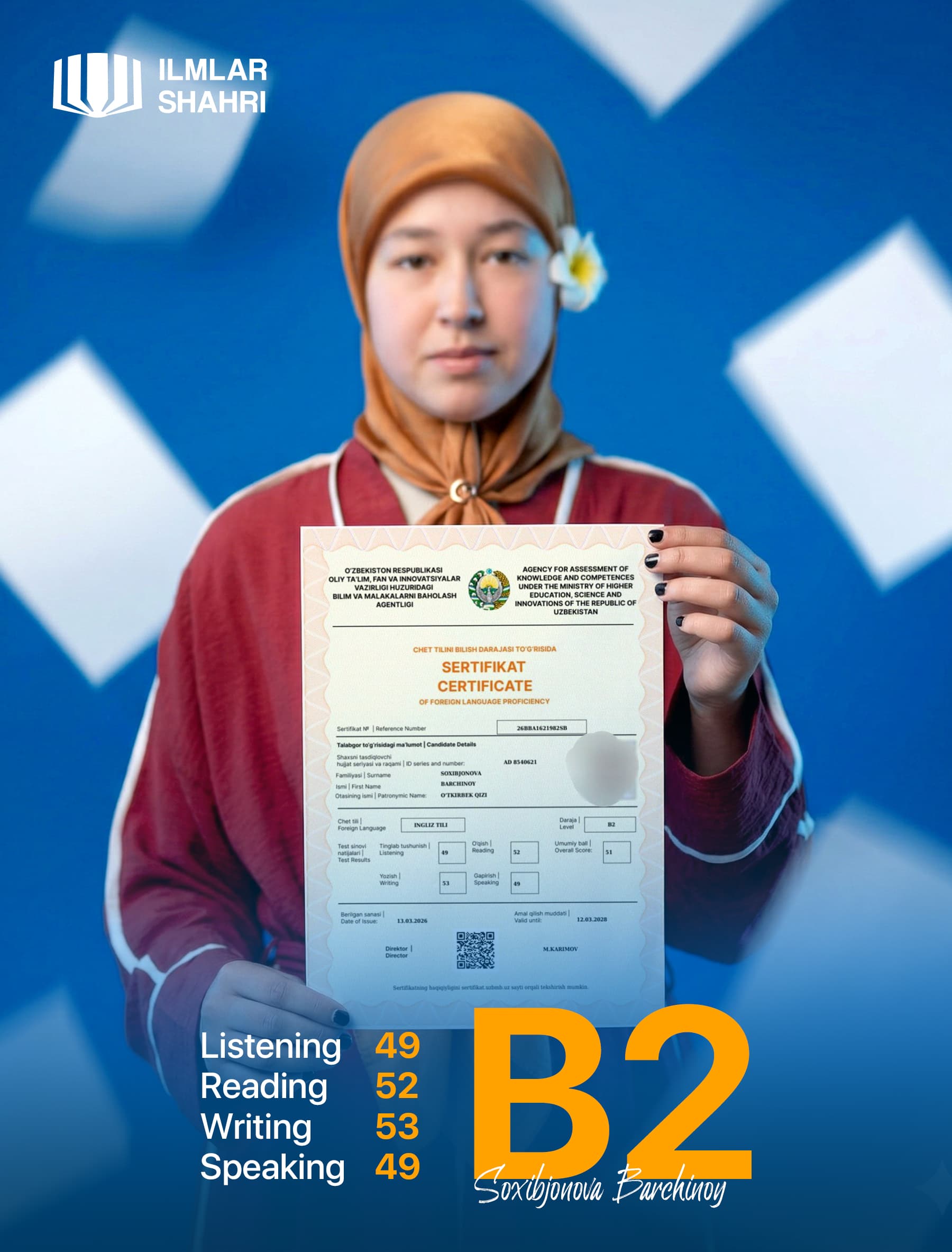 Ученик Ilmlar Shahri с сертификатом CEFR B2