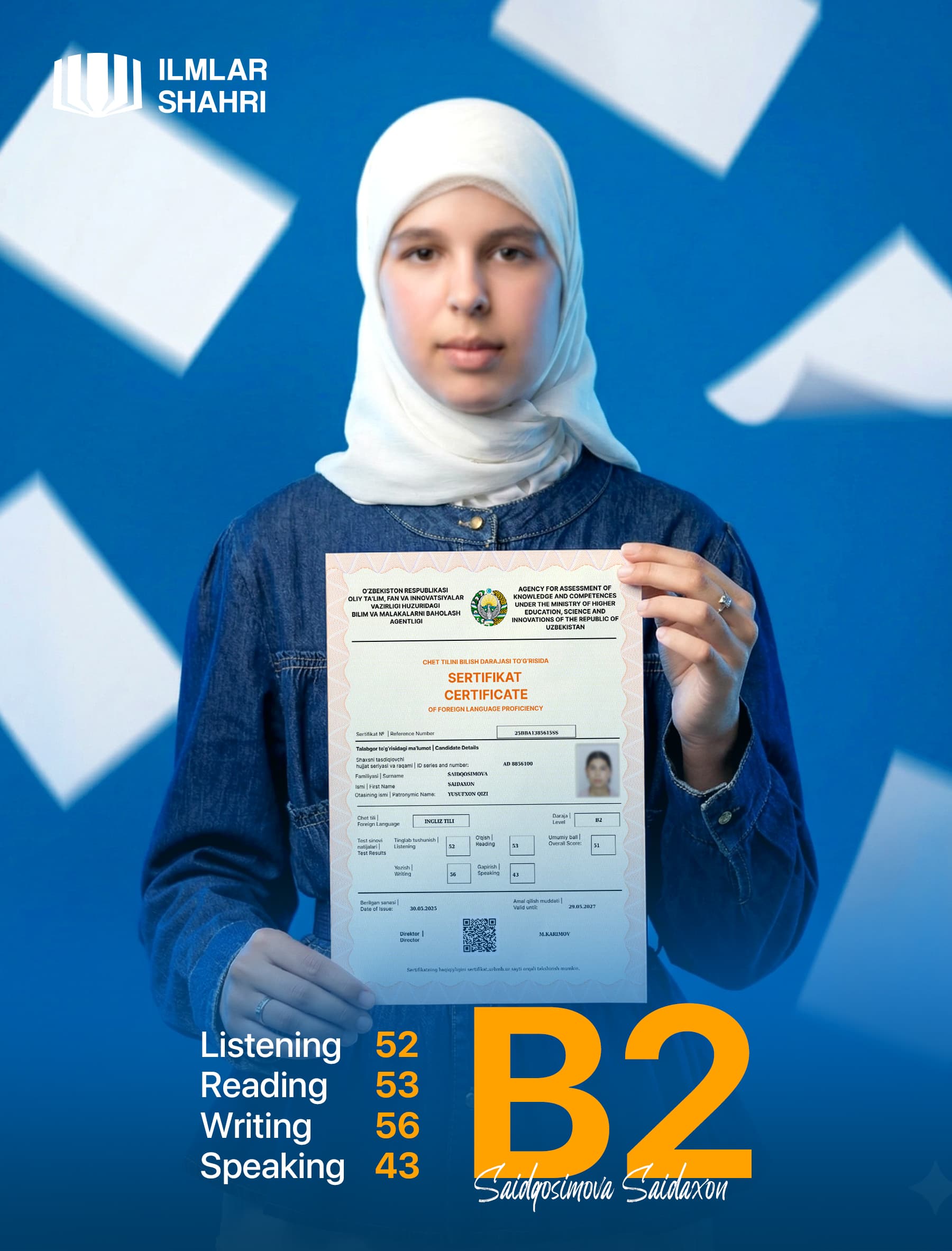 Ilmlar Shahri o‘quvchisi B2 sertifikati bilan